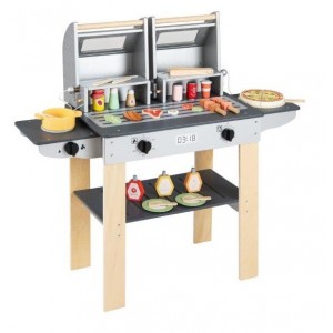 Vaikiška kepsninė su kepsninės įrankiais, žaisliniu maistu ir atlenkiamais dangčiais